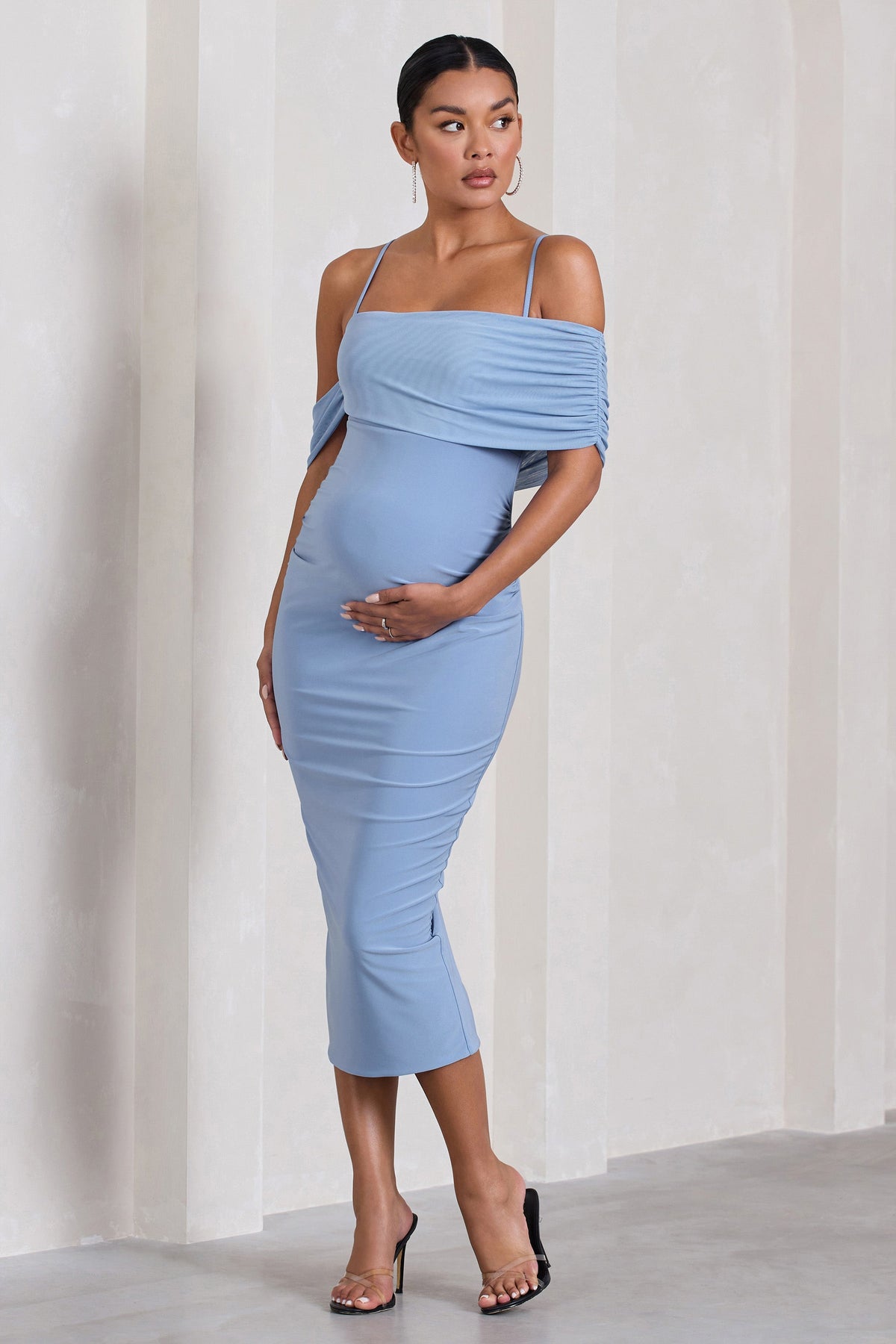 Shelby Powder Blue Mesh Bardot Strappy Maternity Midi Dress – Club L ...