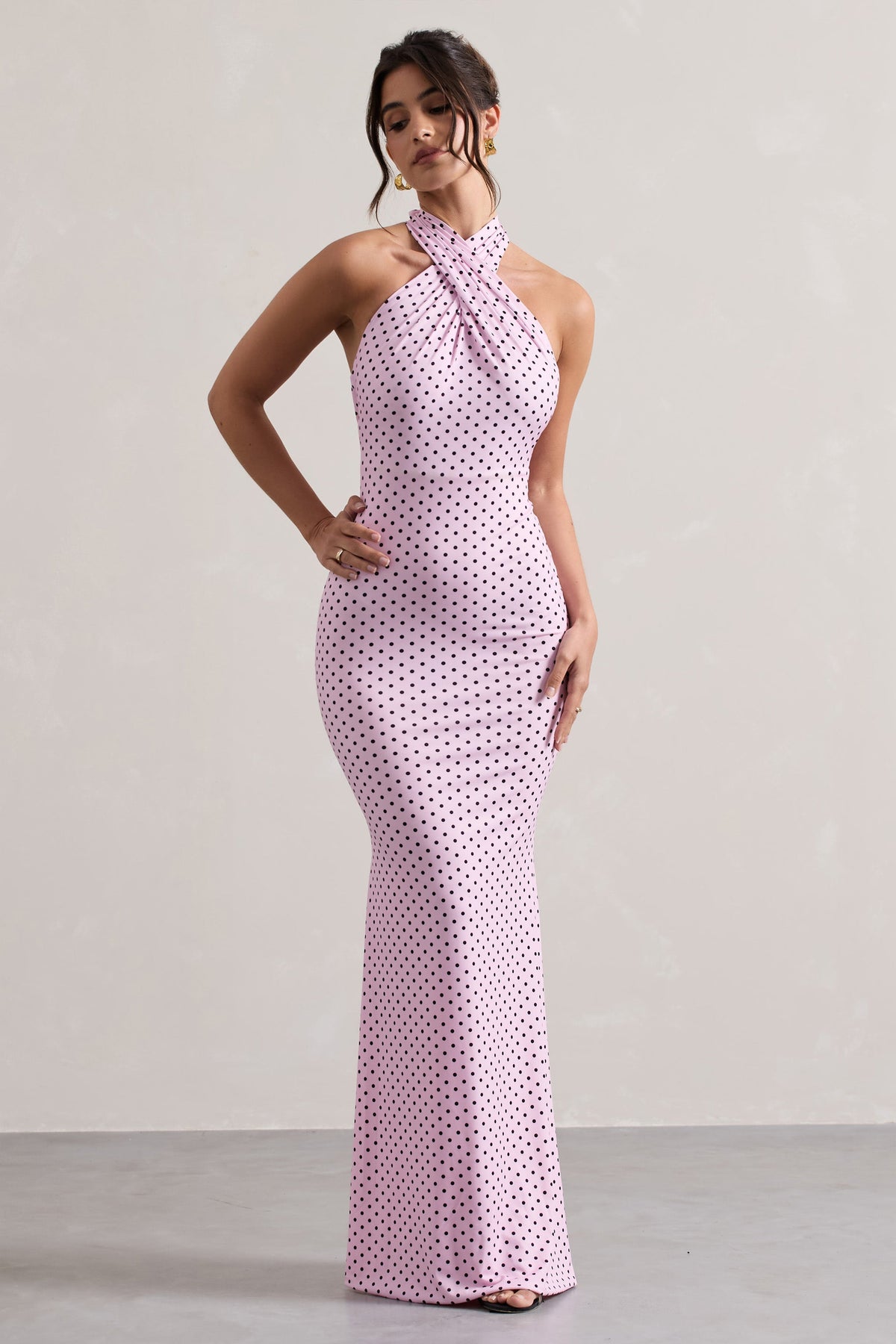 Invincible Pink Polka Dot Cross Over Halter-Neck Open-Back Maxi Dres – Club  L London - USA