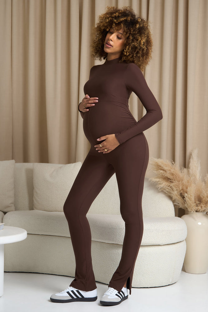 Fia | Chocolate Brown High-Neck Slim-Leg Maternity Jumpsuit