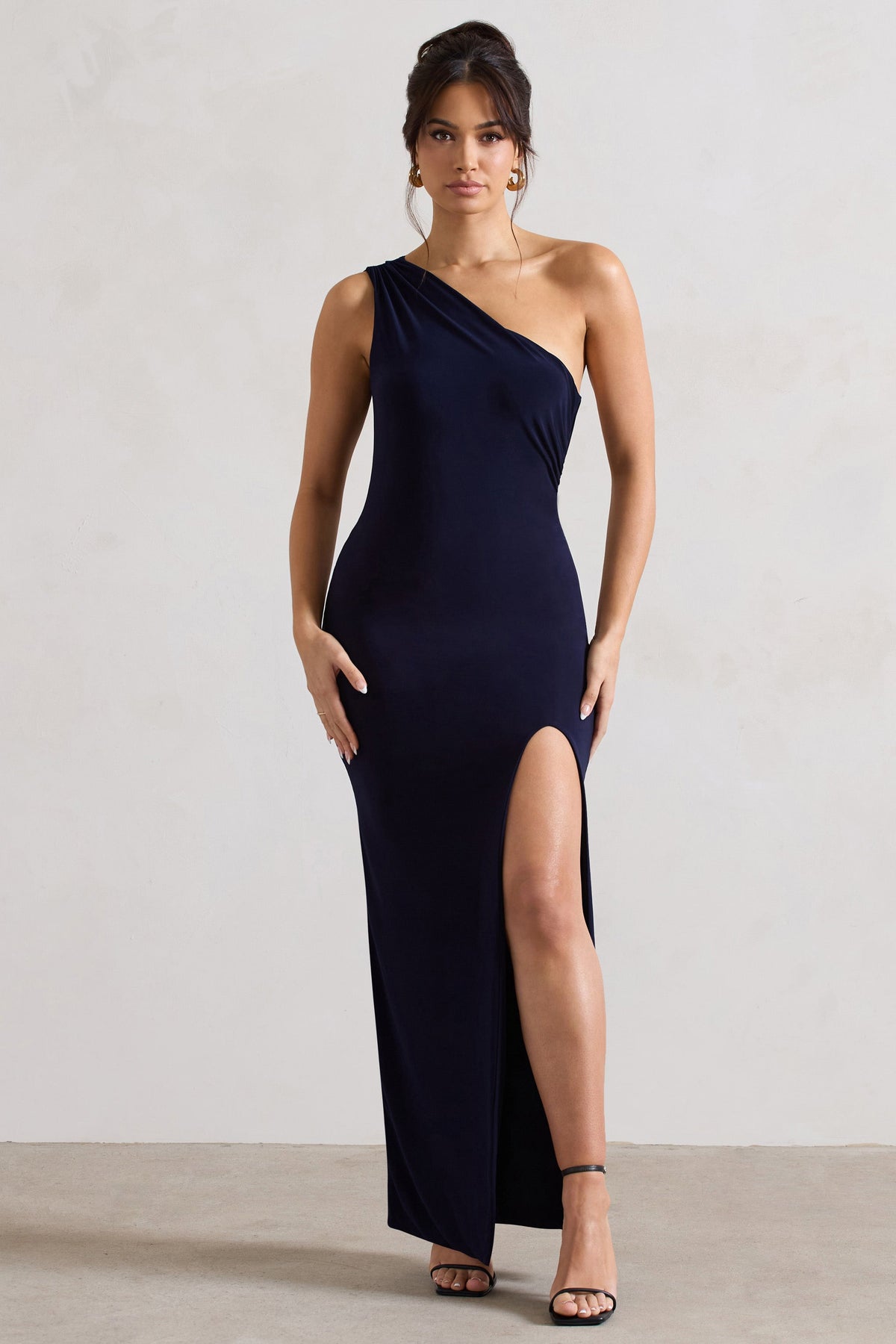 Melody | Navy One Shoulder Cowl-Back Split Maxi Dress