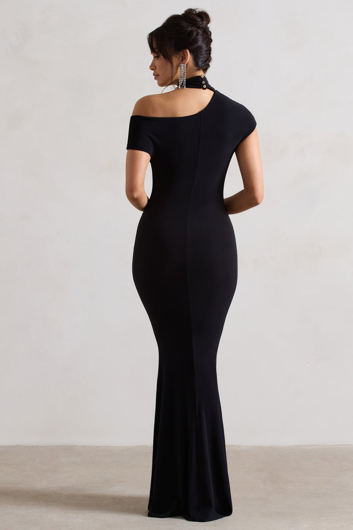 Margaux | Black One-Shoulder Maxi Dress With Halter-Collar