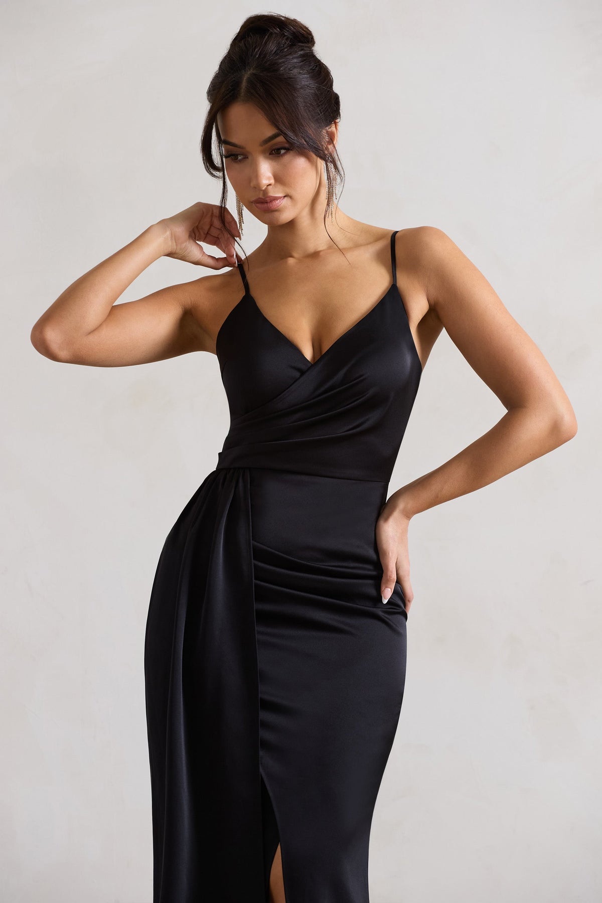 Clothing : Bodycon Dresses : 'Coco' Black Satin Drape Back Dress