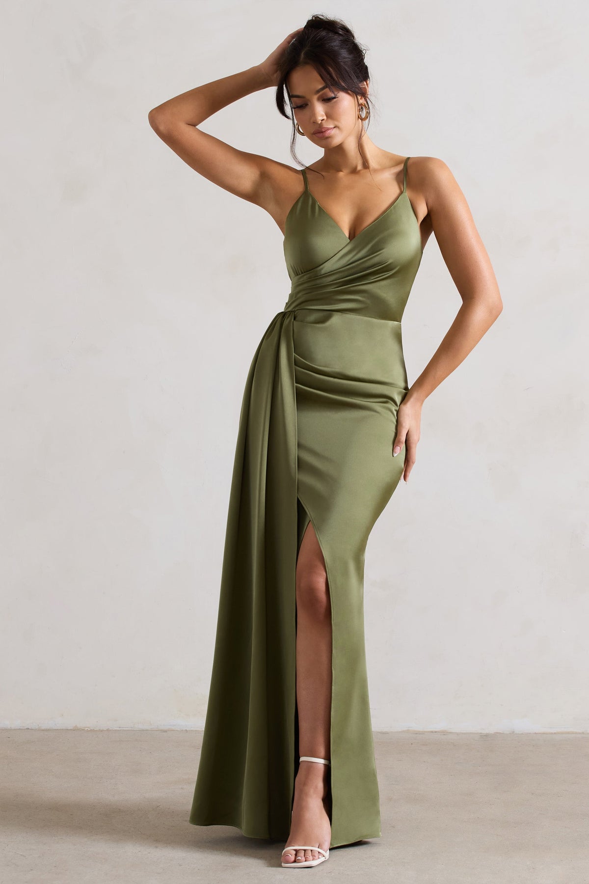 Soraya Olive Green Satin V-Neck Split Maxi Dress With Drape – Club L London  - USA