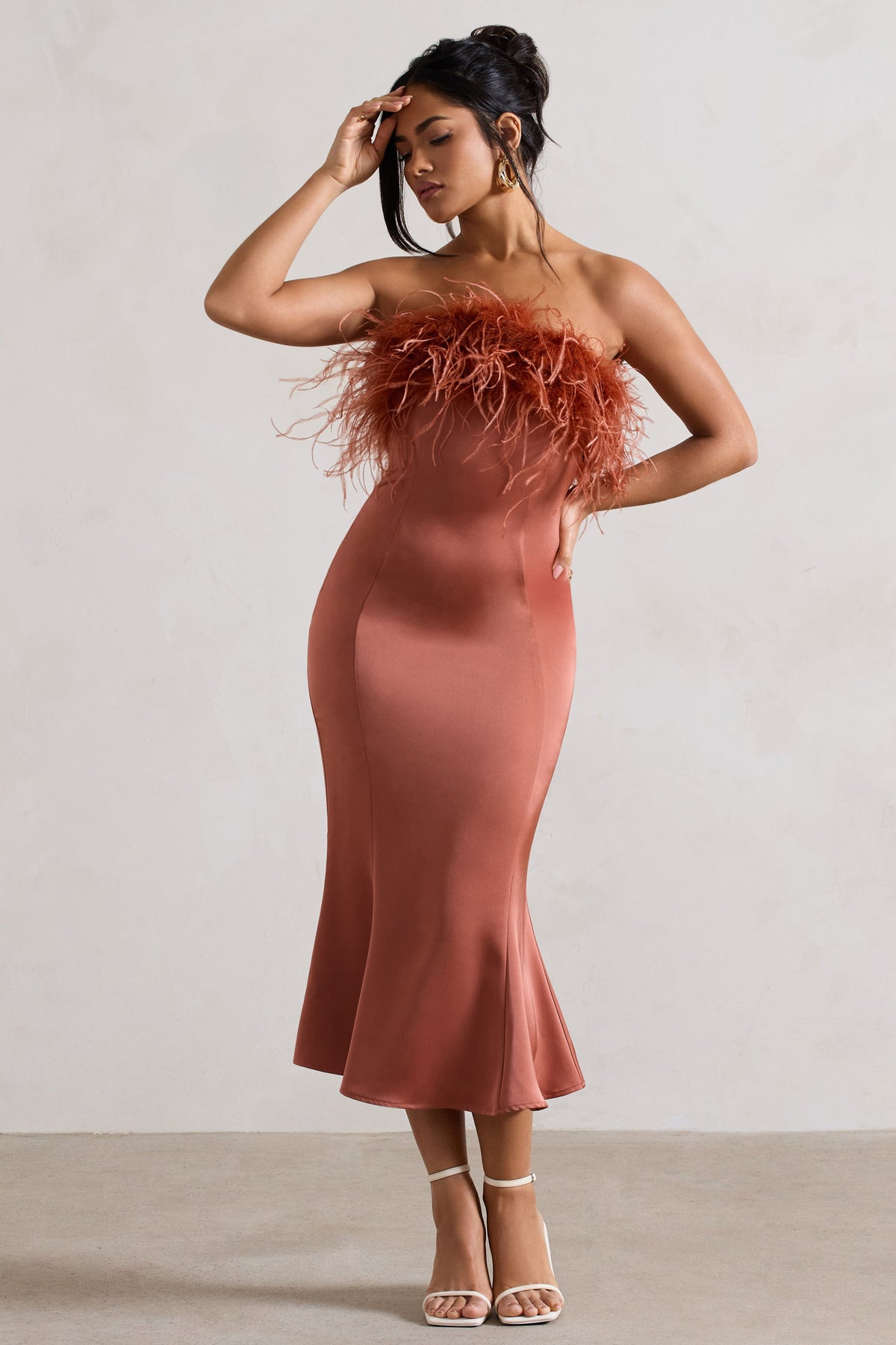 One And Only Rust Satin Feather Trim Bandeau Midi Dress Club L London - USA One And Only Rust Satin Feather Trim Bandeau Midi Dress Club L London - USA