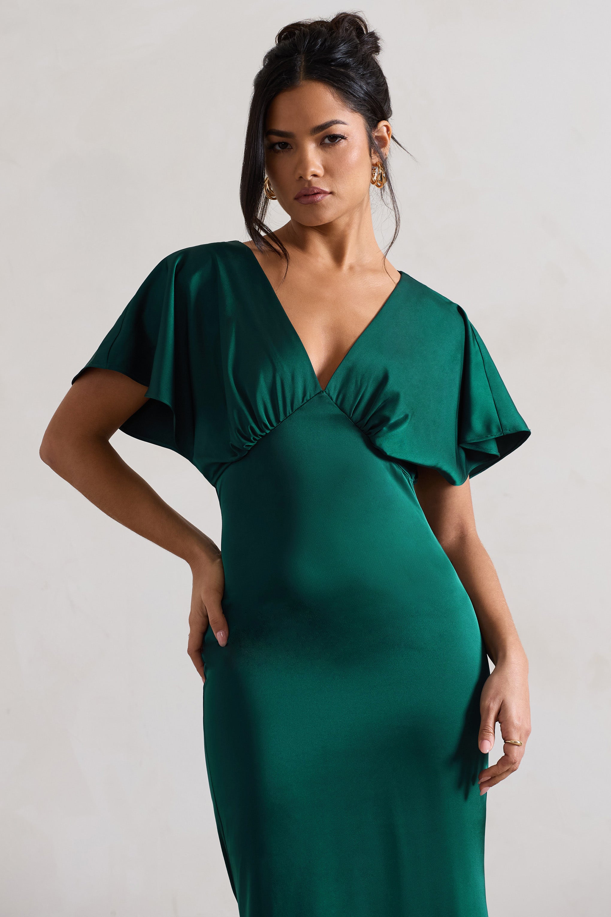 Marisa Dark Green Satin V-Neck Flutter-Sleeve Maxi Dress Midi Dresses