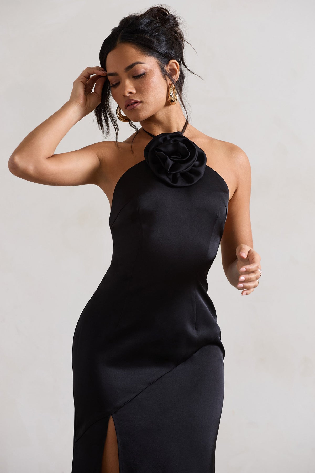 Cesca Black Satin Halter-Neck Maxi Dress With Flower Corsage – Club L  London - USA