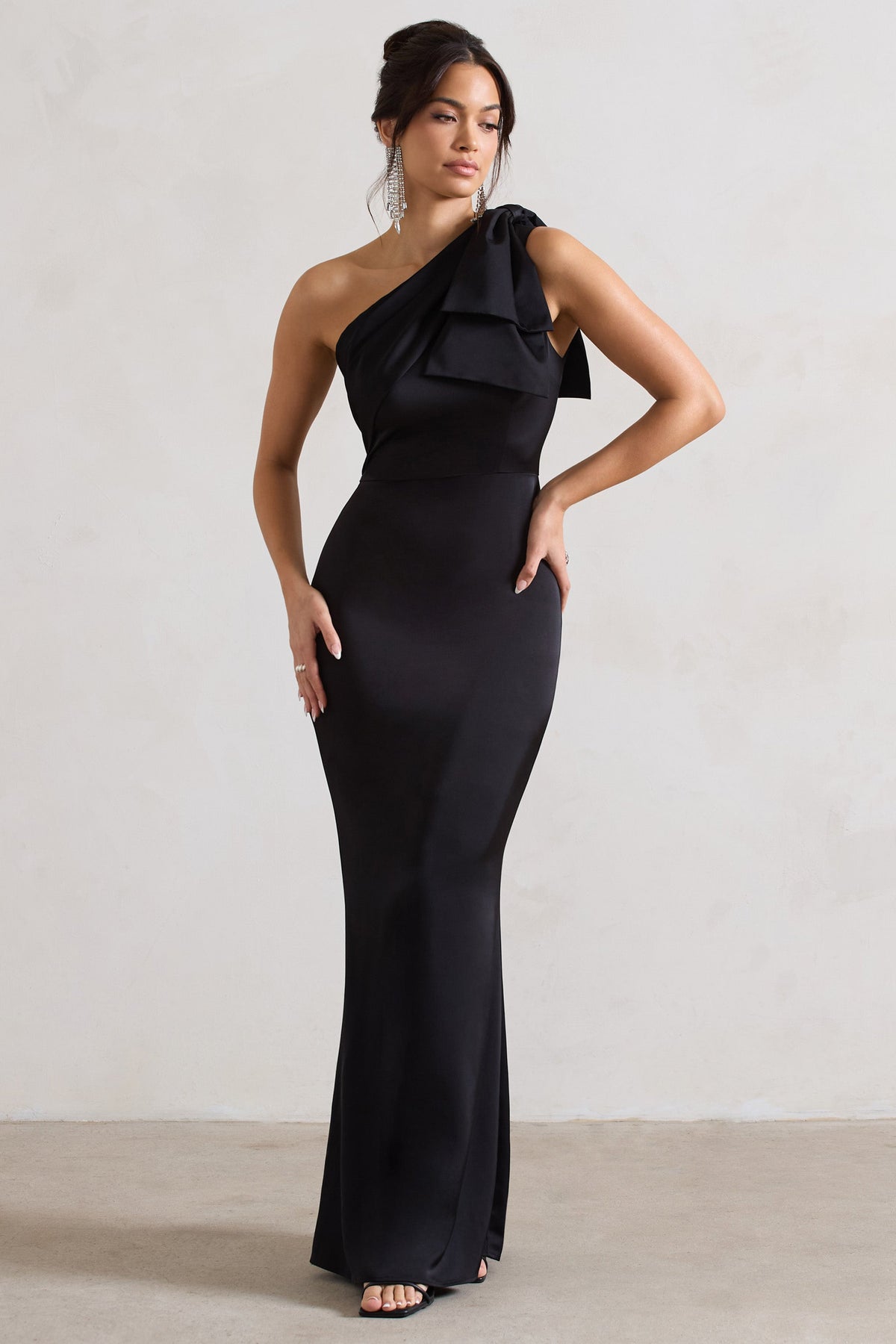 Lady Black Satin Asymmetric Maxi Dress With Bow – Club L London - USA