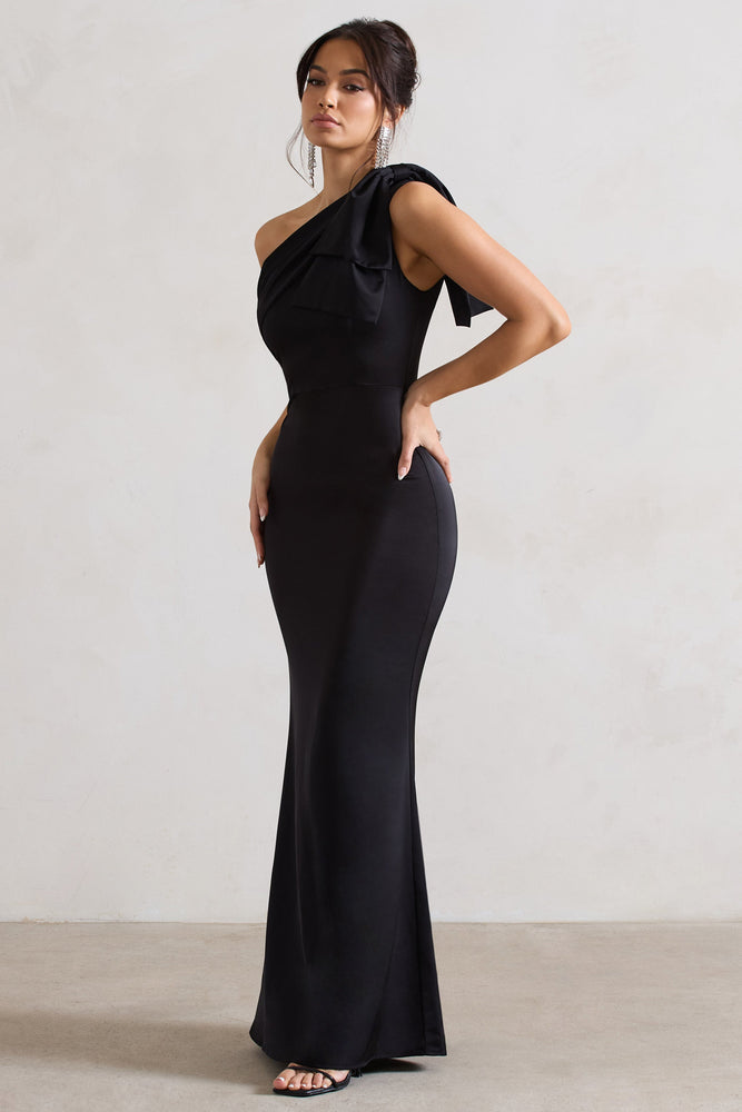 Lady | Black Satin One Shoulder Maxi Dress With Bow