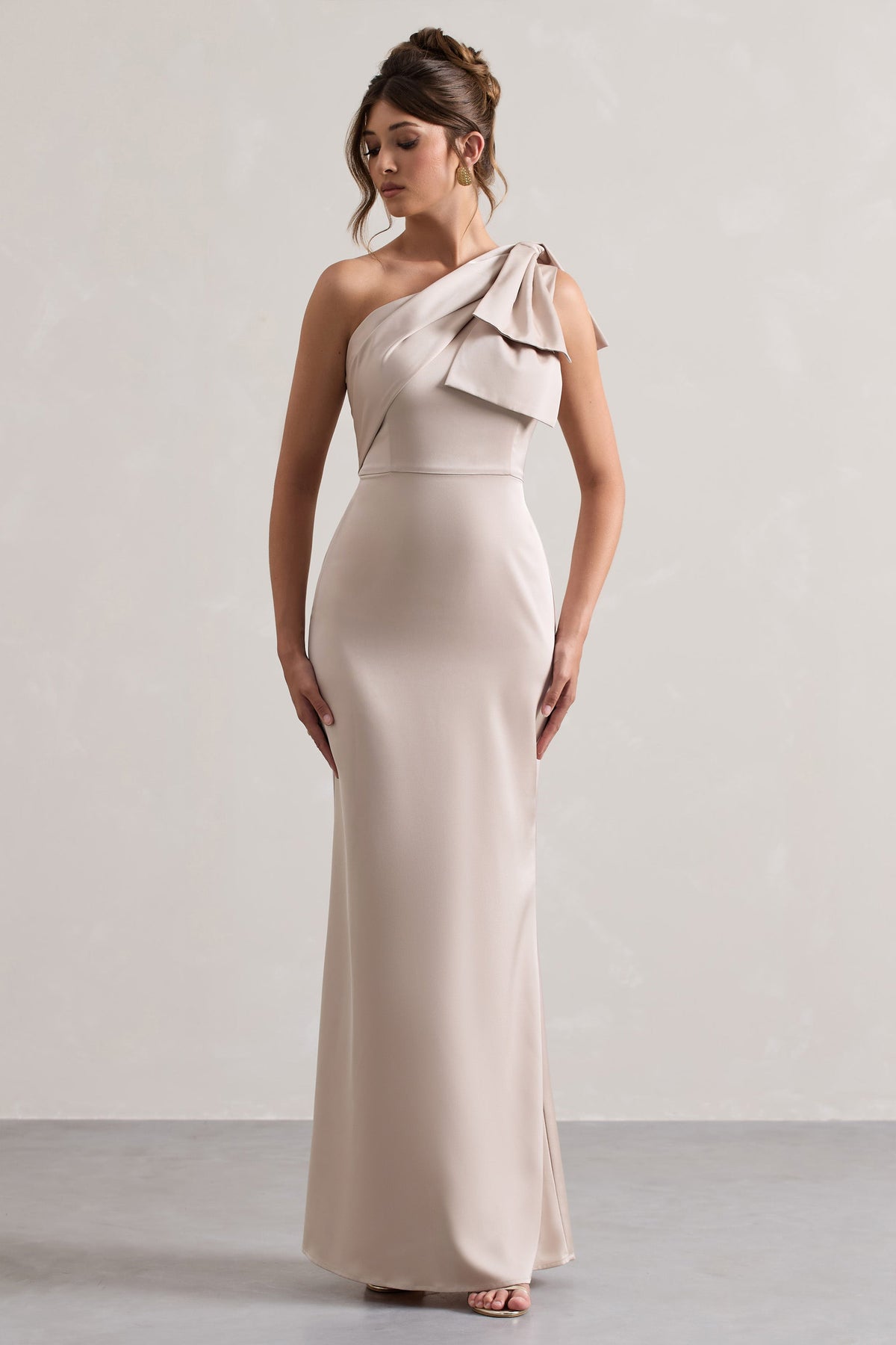 Lady | Champagne Satin One Shoulder Maxi Dress With Bow