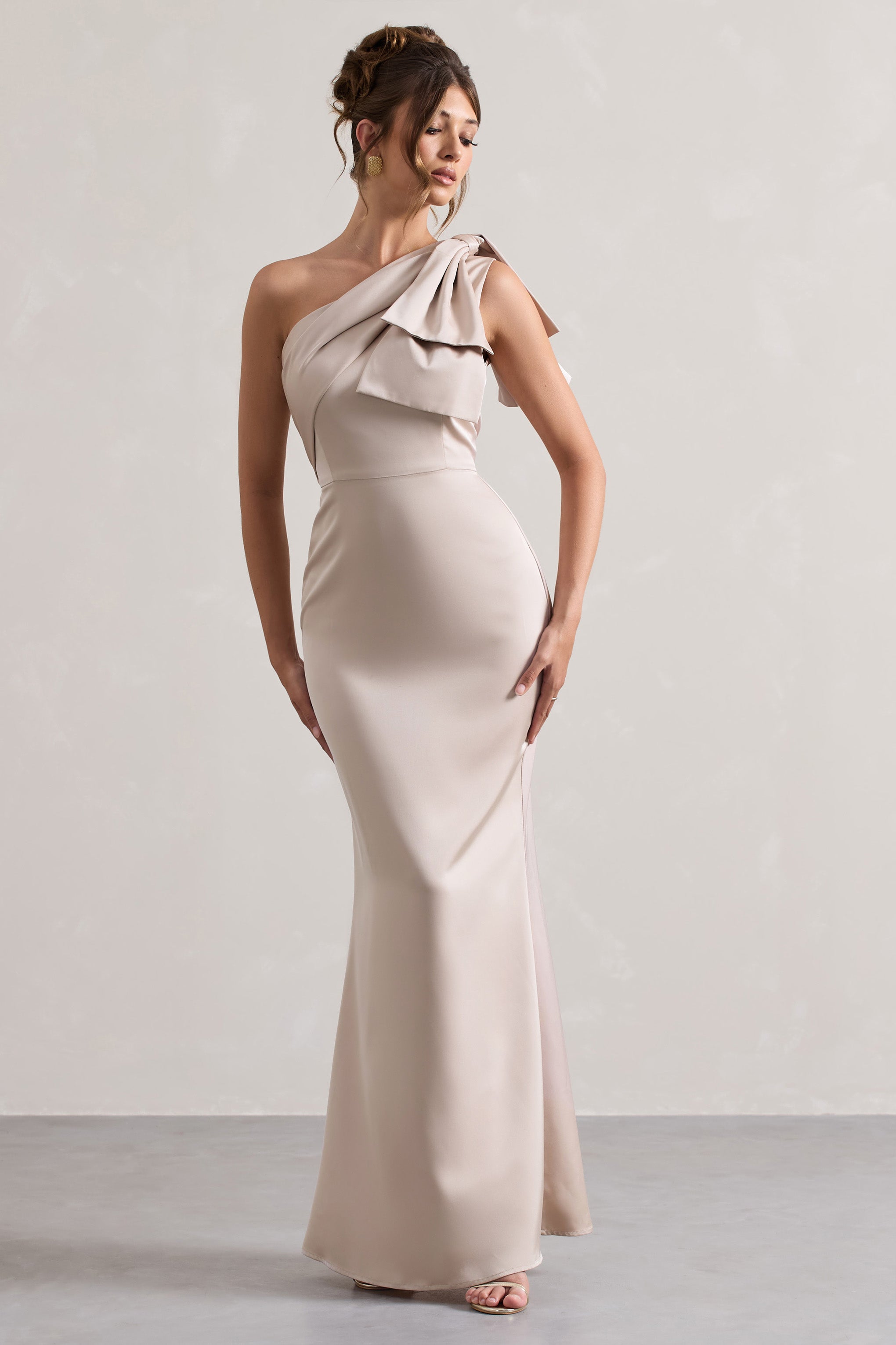 Lady Champagne Satin One Shoulder Maxi Dress With Bow – Club
