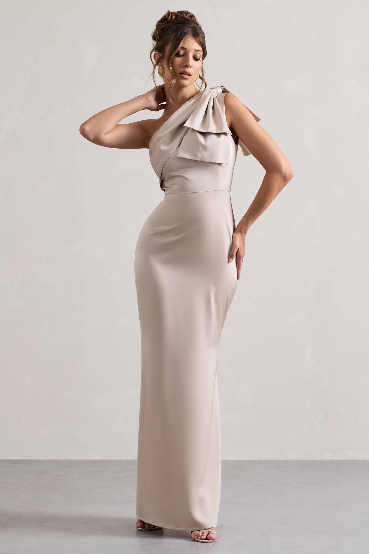 Lady | Champagne Satin One Shoulder Maxi Dress With Bow