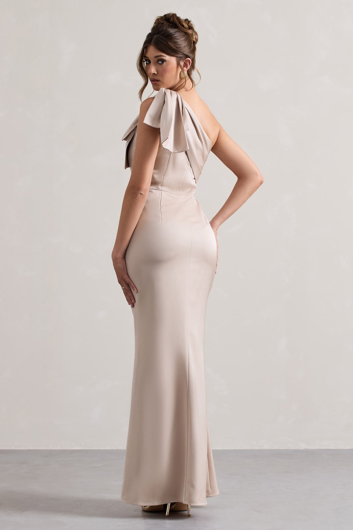 Lady | Champagne Satin One Shoulder Maxi Dress With Bow