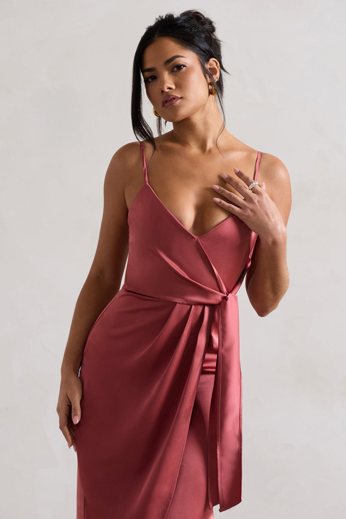 Sabela Rose Pink Satin Wrap Midi Dress With Knot Detail – Club L London -  USA