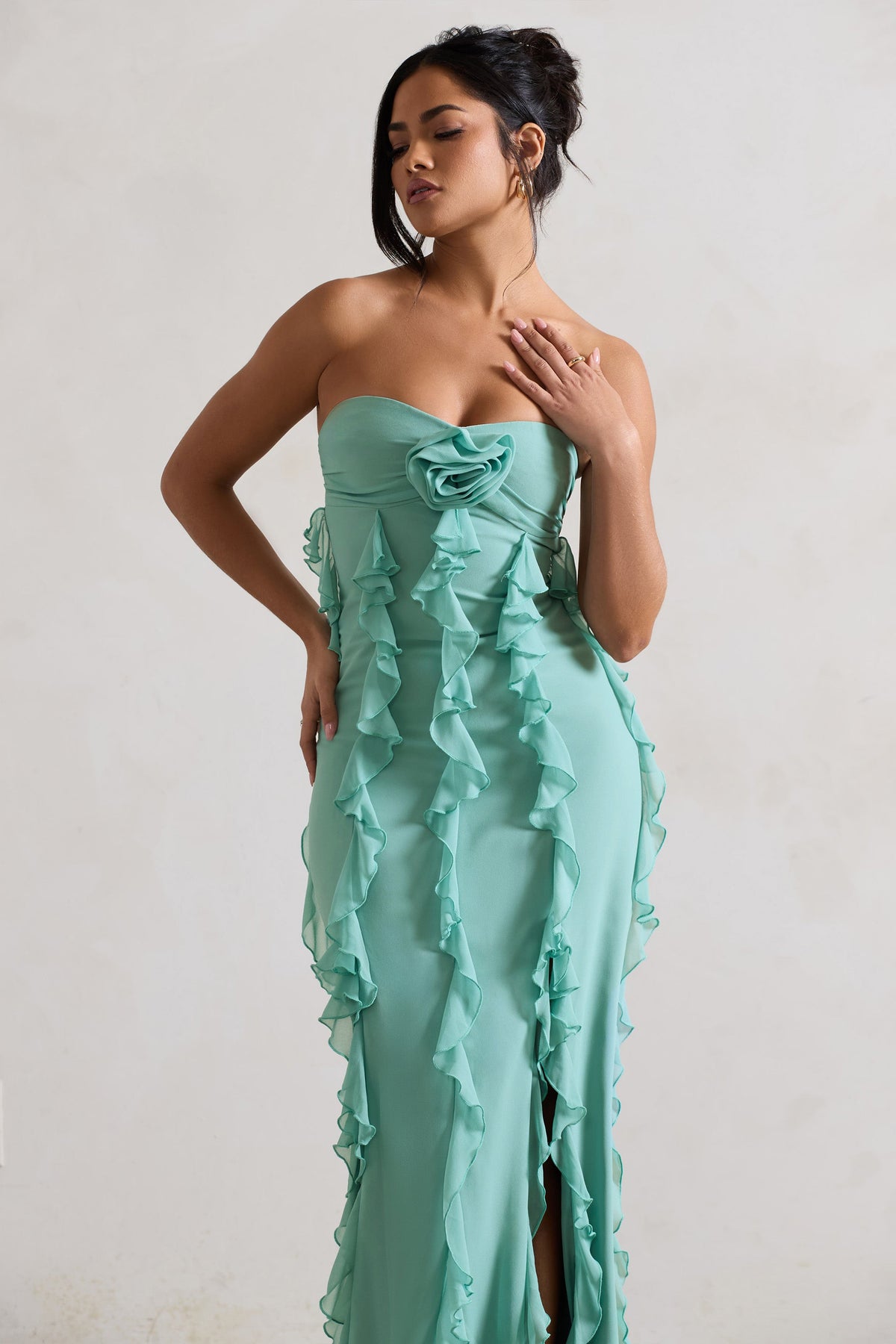 Gardenia Mint Green Strapless Ruffle Maxi Dress With Corsage Club L London - USA Gardenia Mint Green Strapless Ruffle Maxi Dress With Corsage Club L London - USA