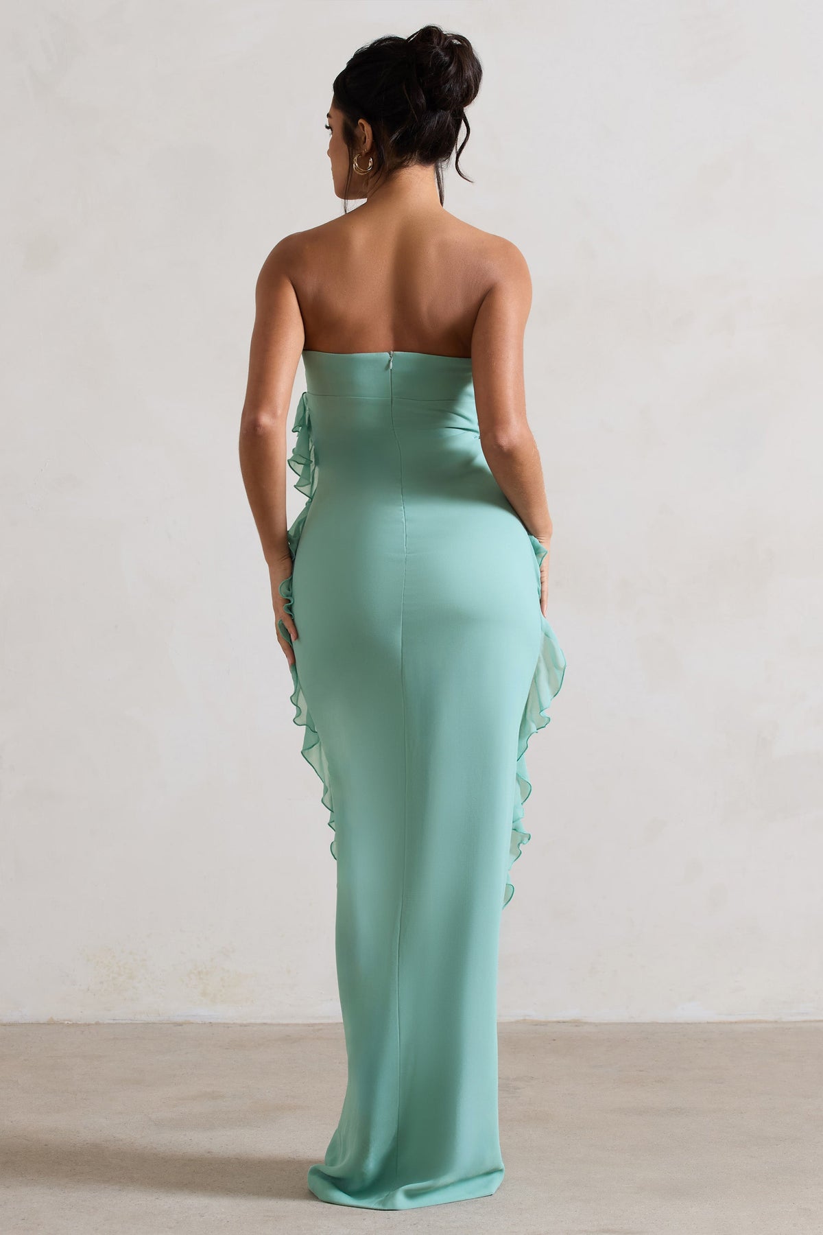 Gardenia Mint Green Strapless Ruffle Maxi Dress With Corsage Club L London - USA Gardenia Mint Green Strapless Ruffle Maxi Dress With Corsage Club L London - USA
