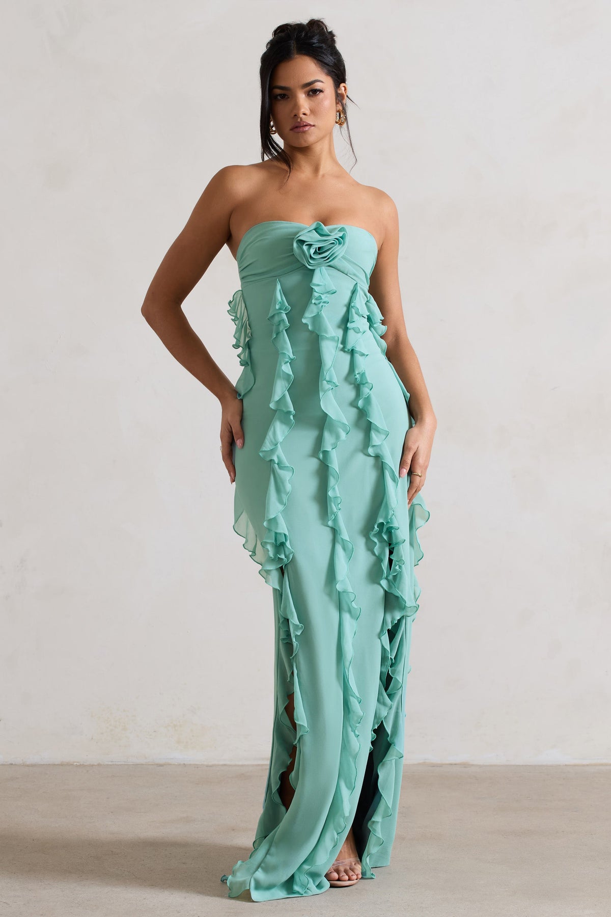 Gardenia Mint Green Strapless Ruffle Maxi Dress With Corsage Club L London - USA Gardenia Mint Green Strapless Ruffle Maxi Dress With Corsage Club L London - USA