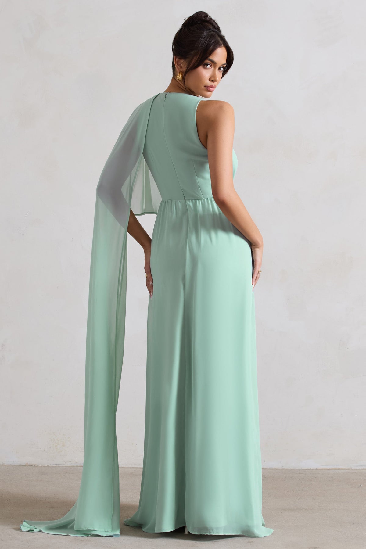Fairytale Sage Plunge-Neck Chiffon Maxi Dress With Cape Sleeve Club L London - USA Fairytale Sage Plunge-Neck Chiffon Maxi Dress With Cape Sleeve Club L London - USA