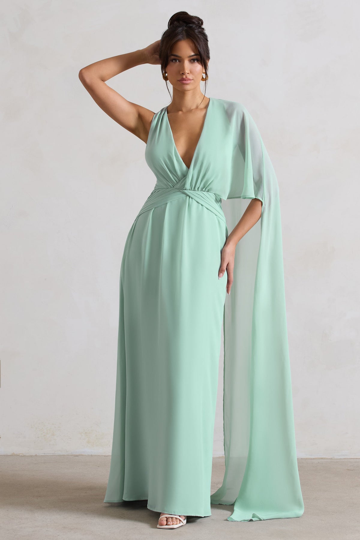 Fairytale Sage Plunge-Neck Chiffon Maxi Dress With Cape Sleeve Club L London - USA Fairytale Sage Plunge-Neck Chiffon Maxi Dress With Cape Sleeve Club L London - USA