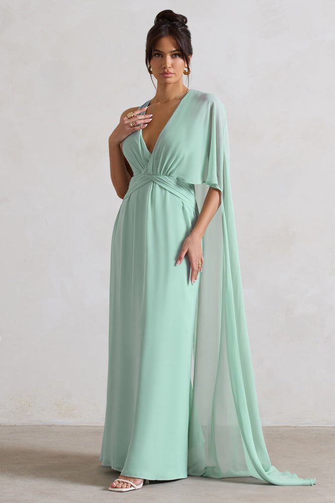 Fairytale Sage Plunge-Neck Chiffon Maxi Dress With Cape