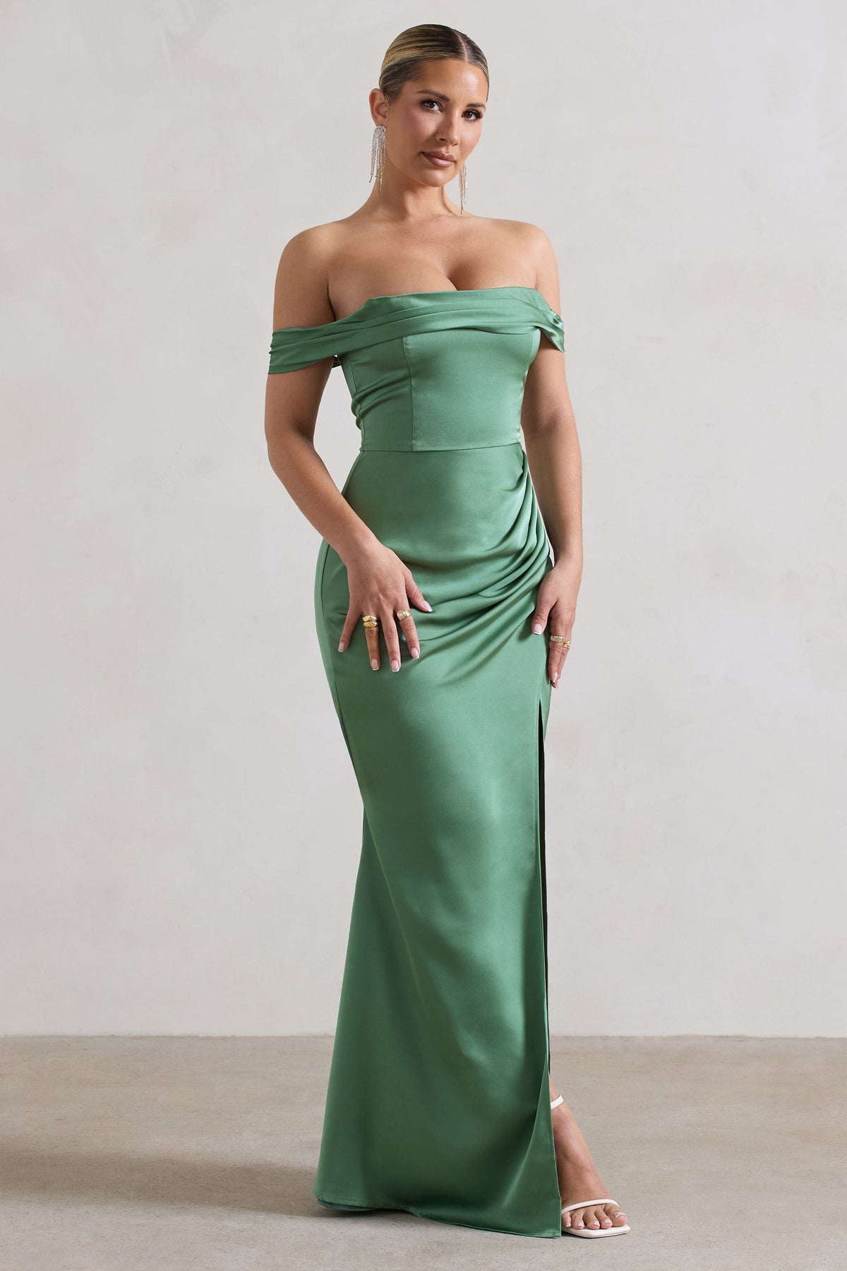 Katia Soft Green Satin Bardot Fishtail Maxi Dress – Club L London - USA