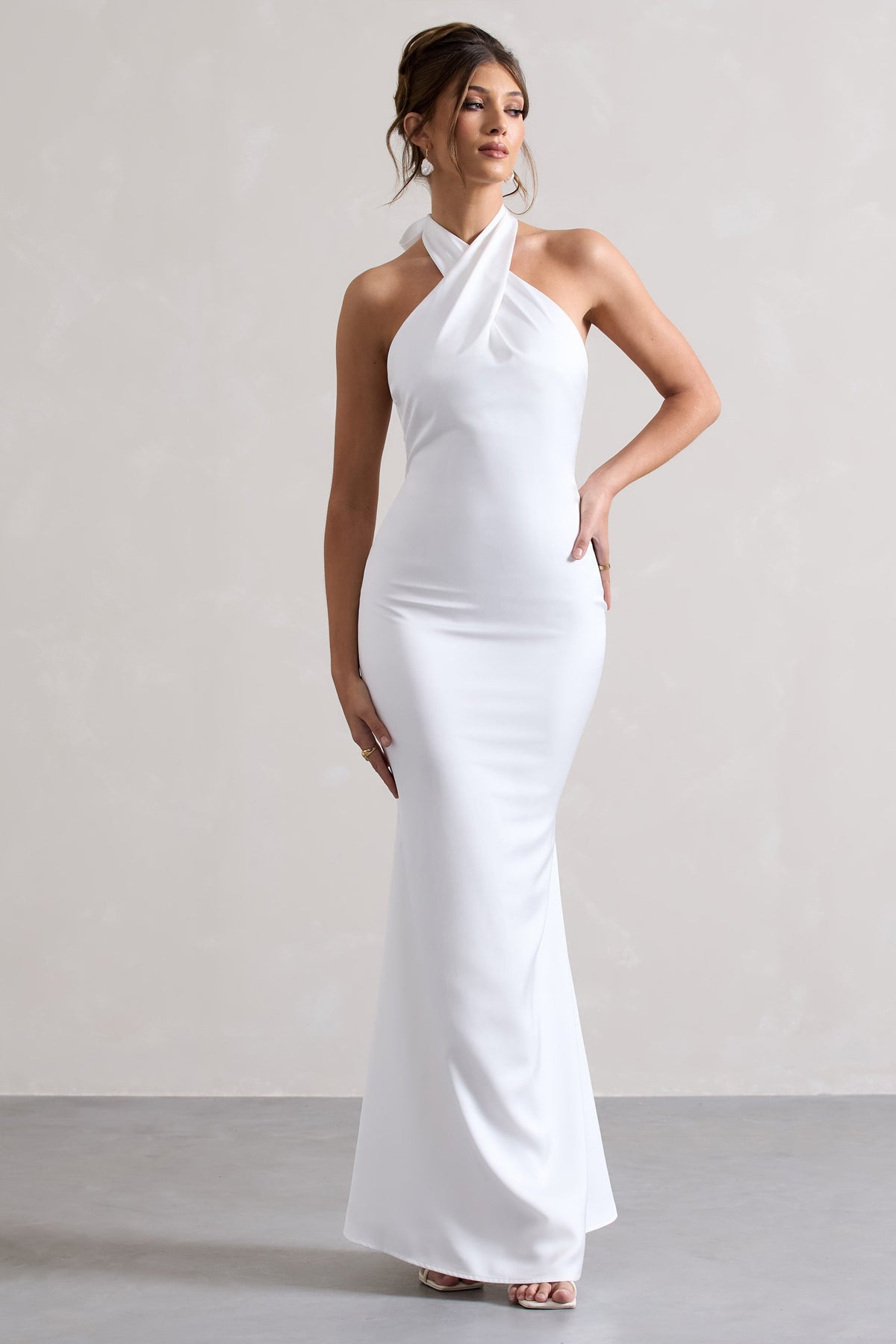 Unbeatable White Satin Cross Over Halter-Neck Maxi Dress – Club L 