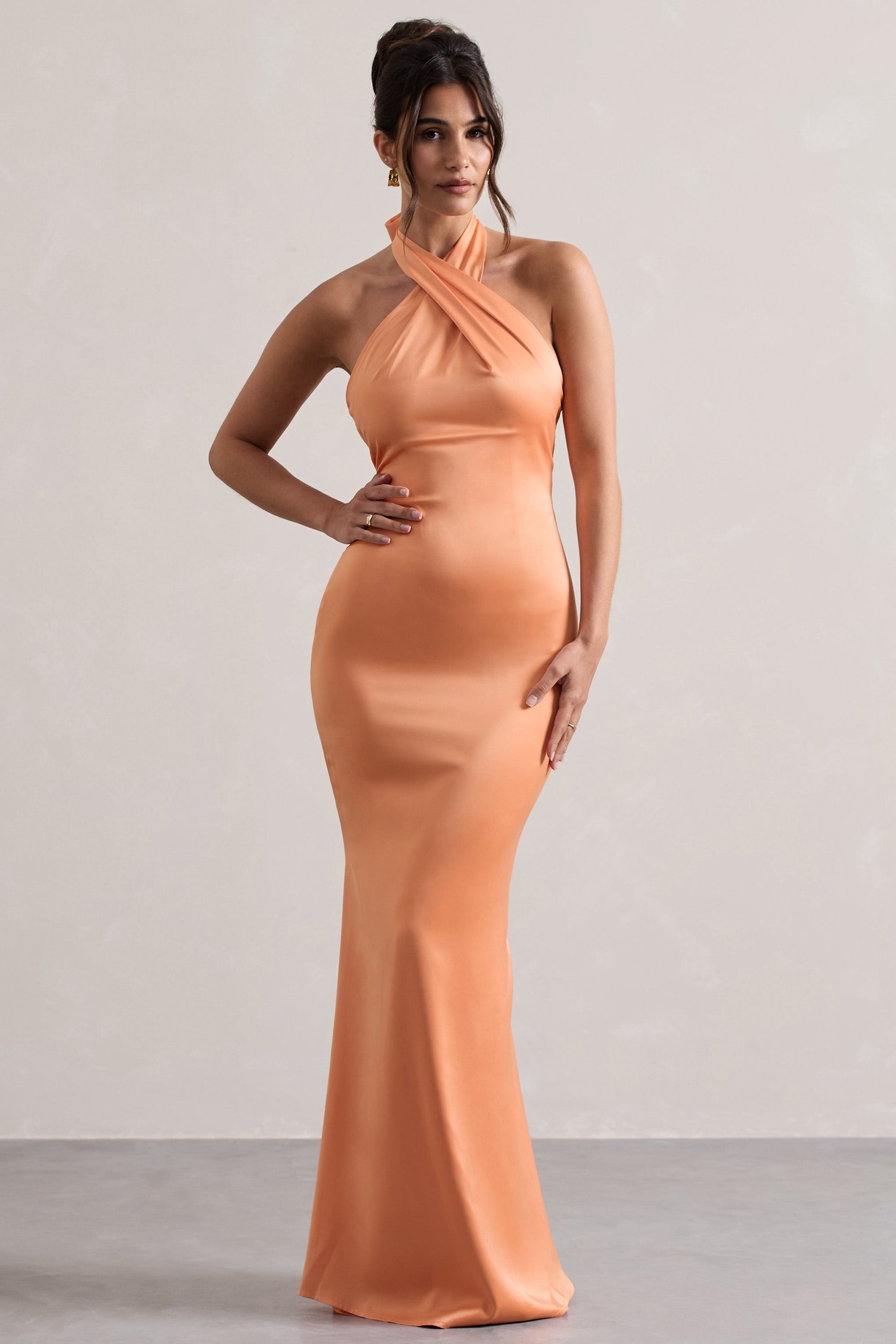 Unbeatable | Peach Satin Cross Over Halter-Neck Maxi Dress – Club L London