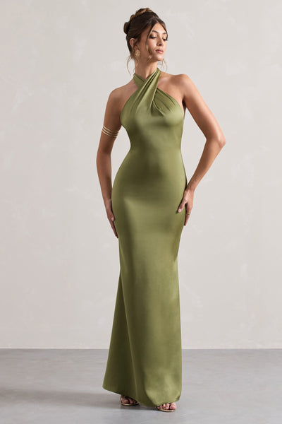 Unbeatable | Olive Satin Cross Over Halter-Neck Maxi Dress – Club L London