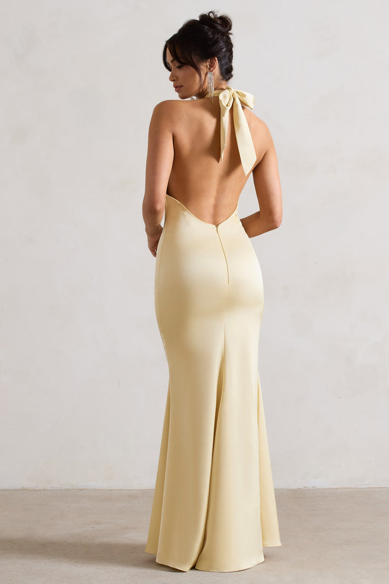 Unbeatable Lemon Satin Cross Over Halter-Neck Maxi Dress – Club L ...