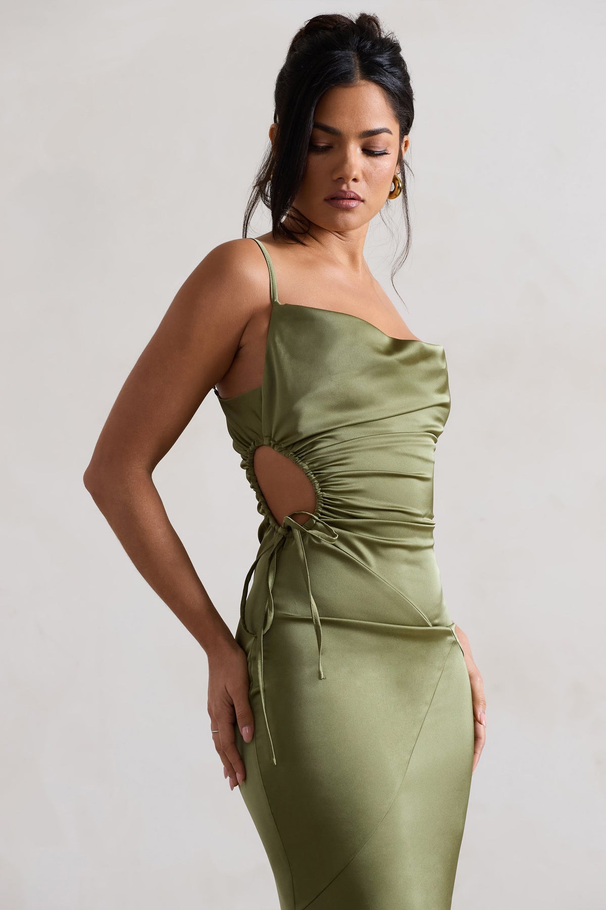 Carter Olive Green Satin Cowl-Neck Maxi Dress With Cut-Out – Club L London  - USA