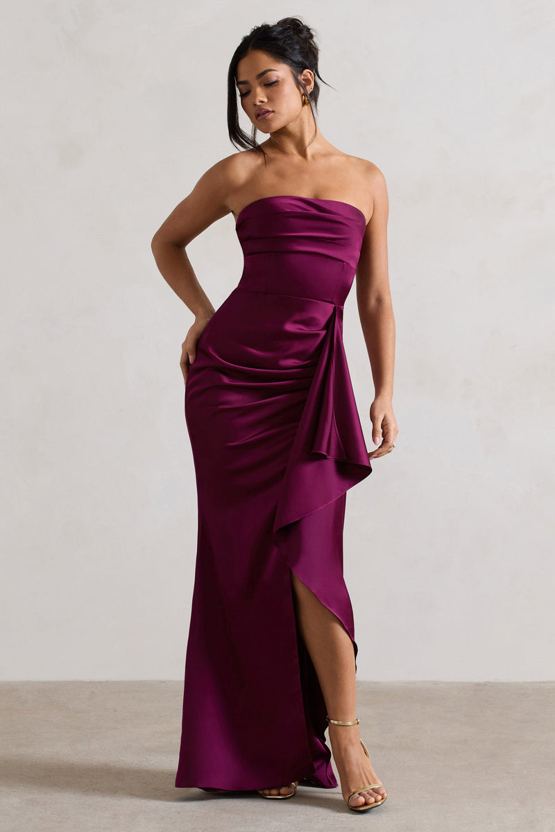 Ace Plum Satin Bandeau Split Maxi Dress With Ruffle Drape – Club L ...