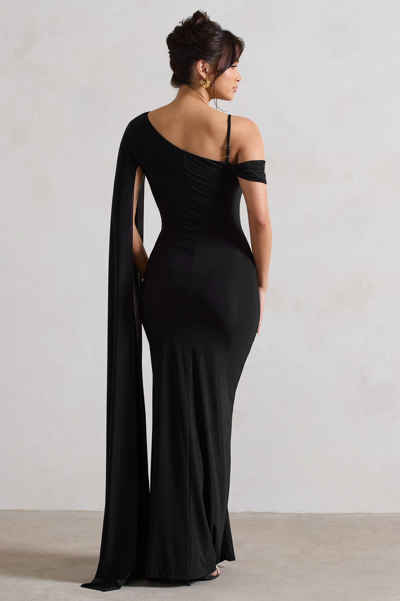 Pedra Black One Shoulder Cape Sleeve Draped Maxi Dress – Club L London ...