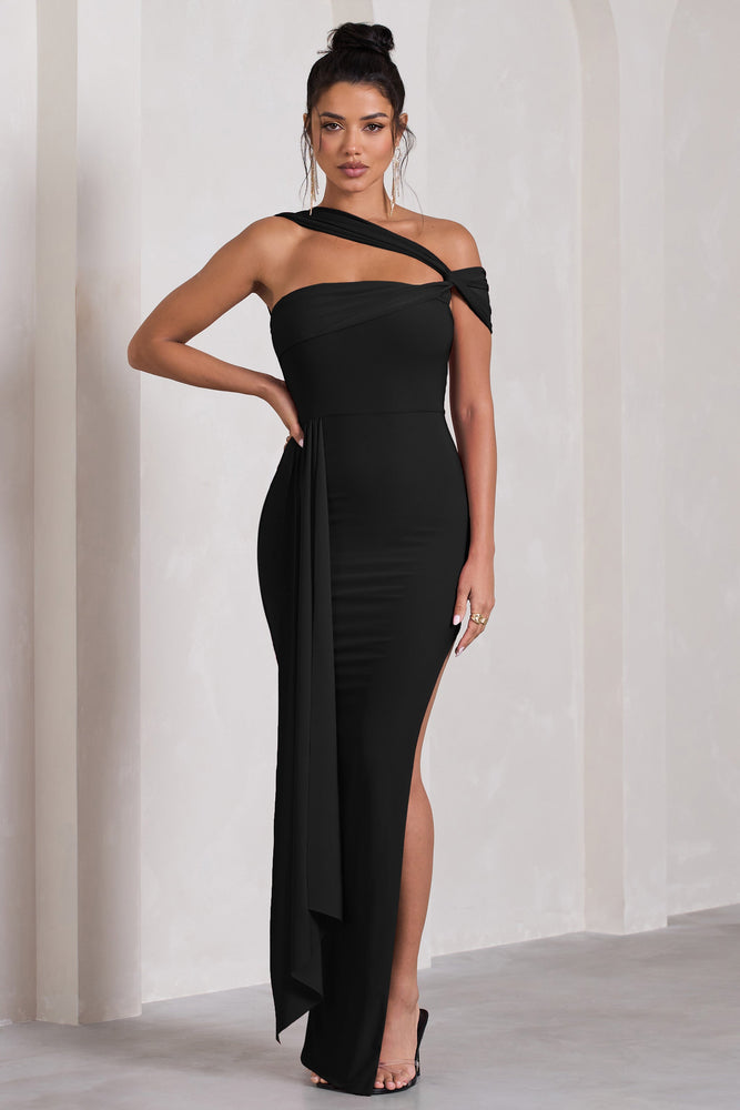 To The Max Black Strappy Asymmetric Split Maxi Dress With Drape – Club ...