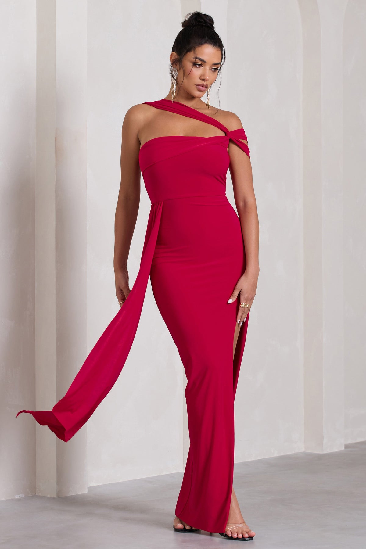 To The Max Red Strappy Asymmetric Split Maxi Dress With Drape – Club L ...