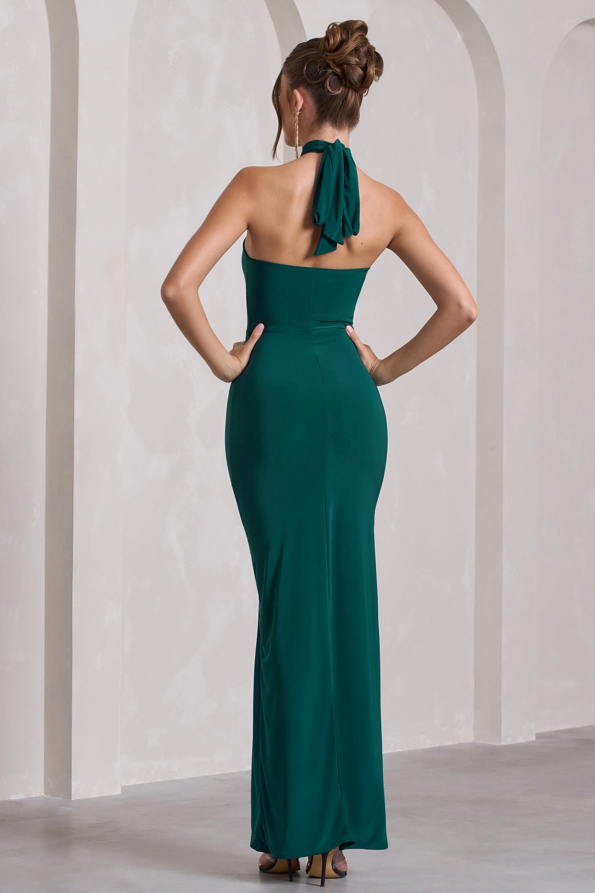 Pamela | Bottle Green Halter-Neck Sleeveless Split Maxi Dress