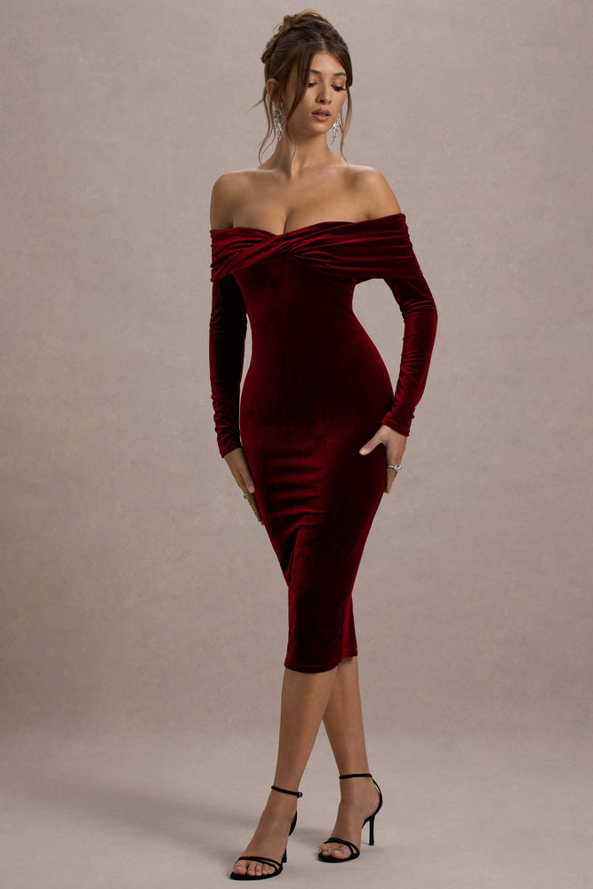 Compliment | Berry Velvet Bardot Midi Dress Compliment | Berry Velvet Bardot Midi Dress