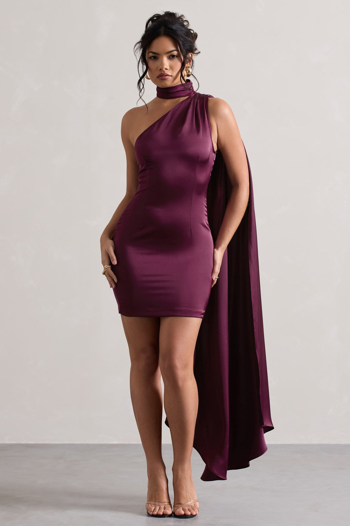 Natalie | Plum Satin One Shoulder Mini Dress With Scarf Detail