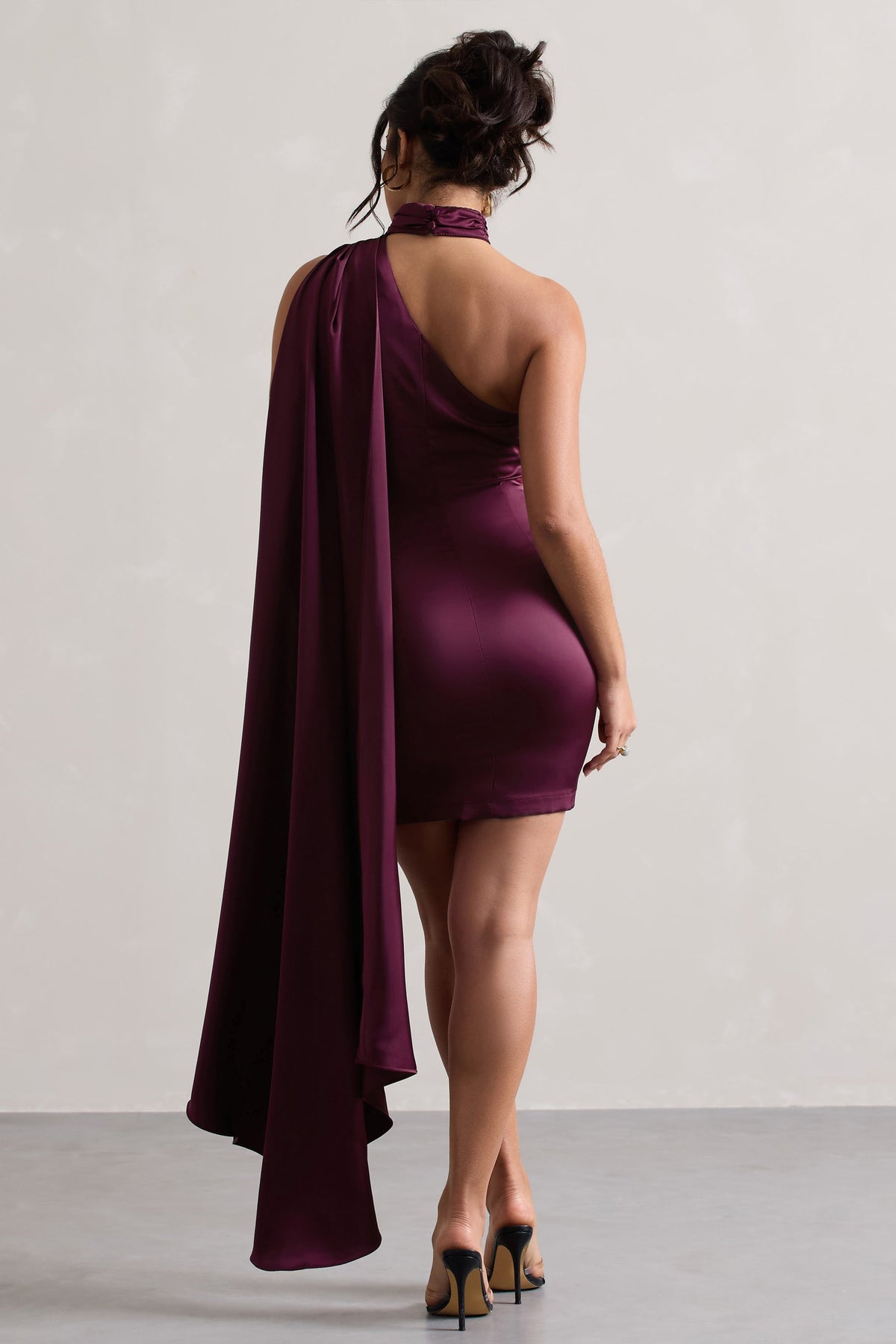 Natalie | Plum Satin One Shoulder Mini Dress With Scarf Detail