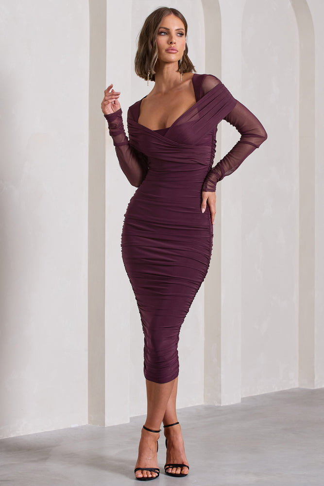 パーティードレス Purple Long Sleeve Ruched Waist Tulle Dress H32400c0b4cae4e0698894a4f0e6ec