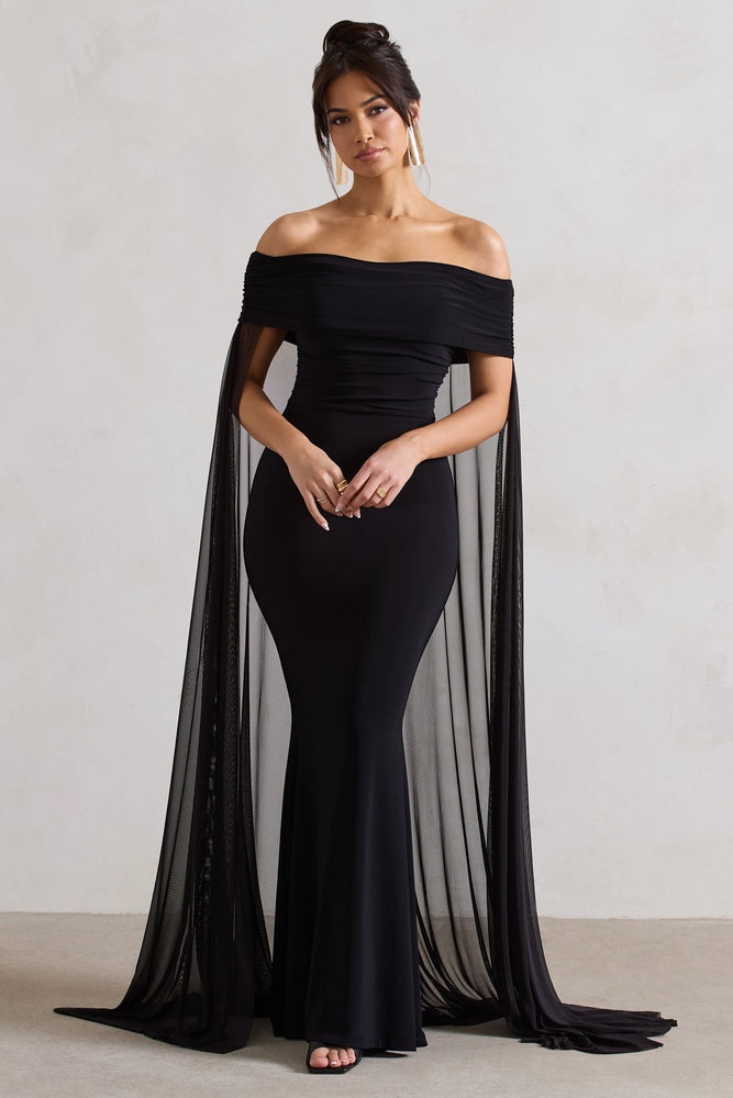 Carlotta | Black Bardot Maxi Dress With Chiffon Cape