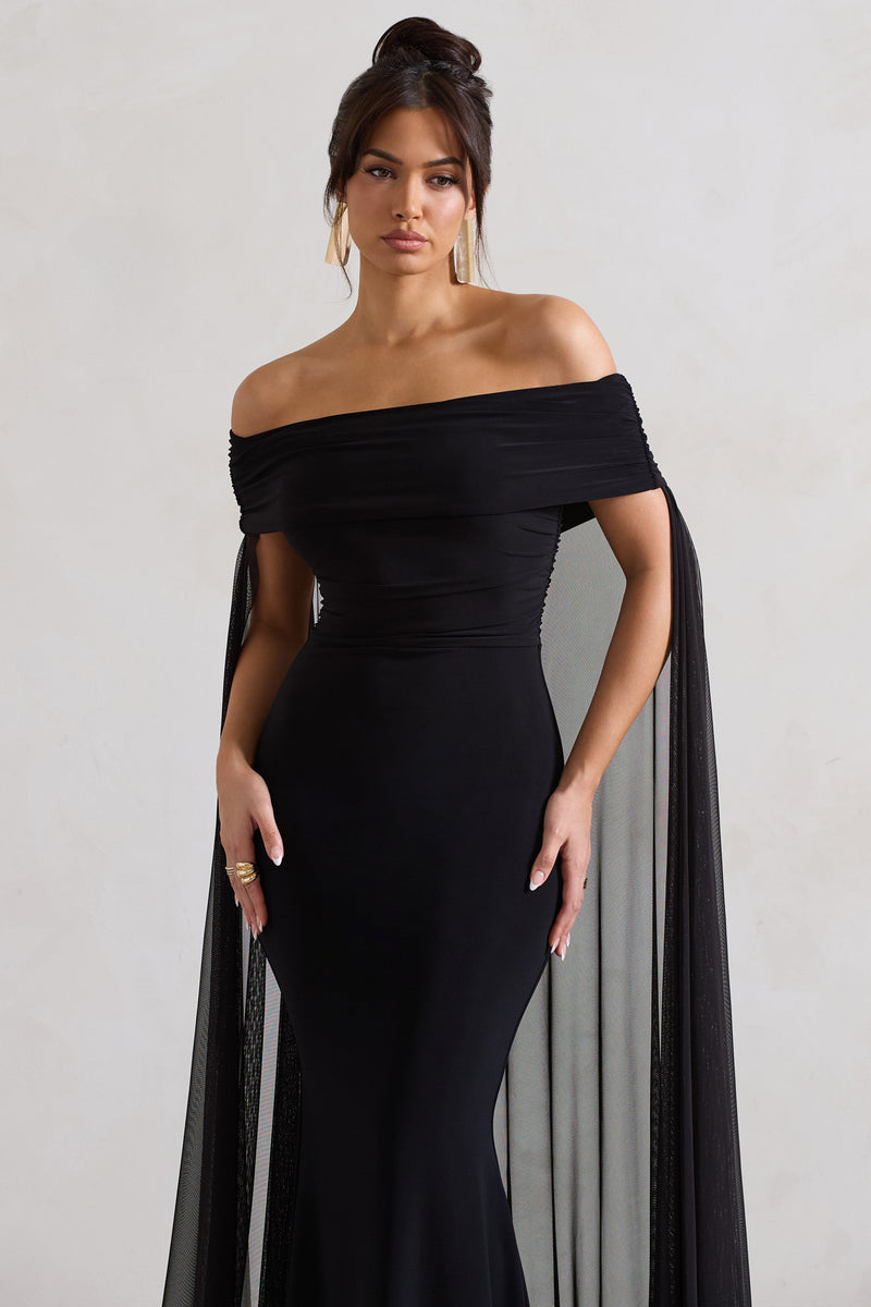 Carlotta Black Bardot Maxi Dress With Chiffon Cape – Club L London - USA