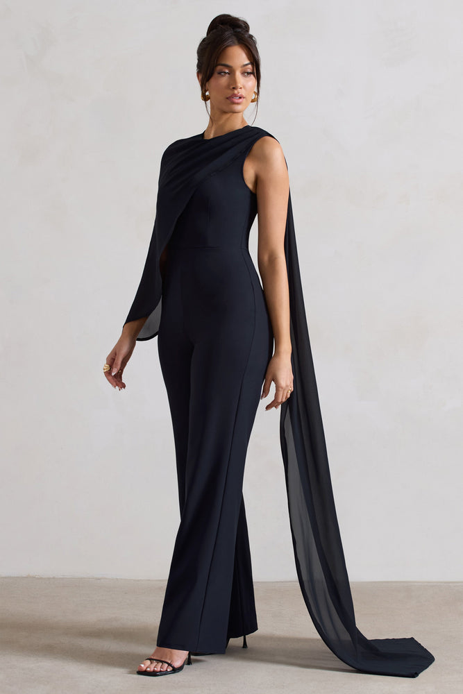 Malina Navy Straight-Leg Jumpsuit With Chiffon Cape – Club L