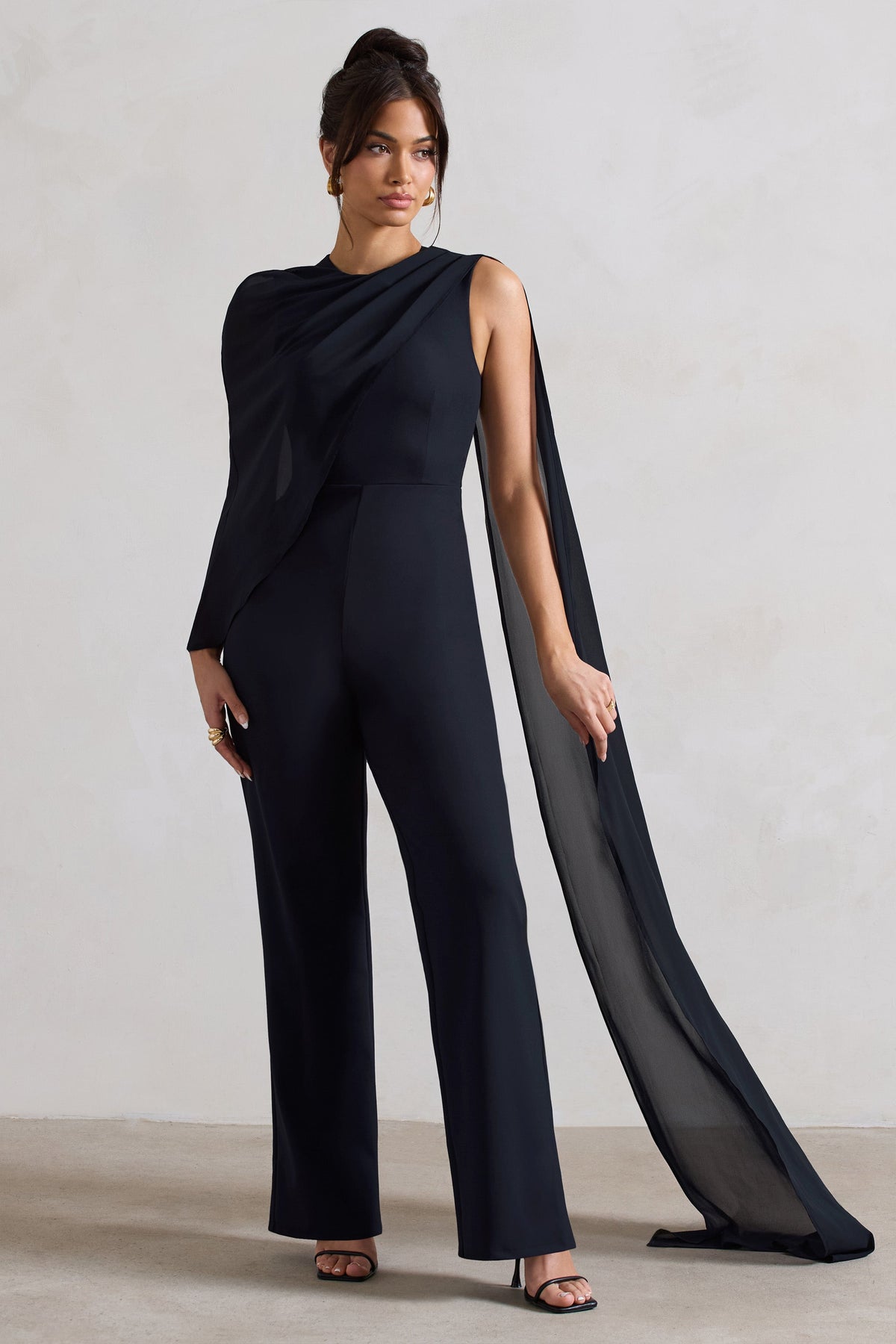 Malina Navy Straight-Leg Jumpsuit With Chiffon Cape – Club L 