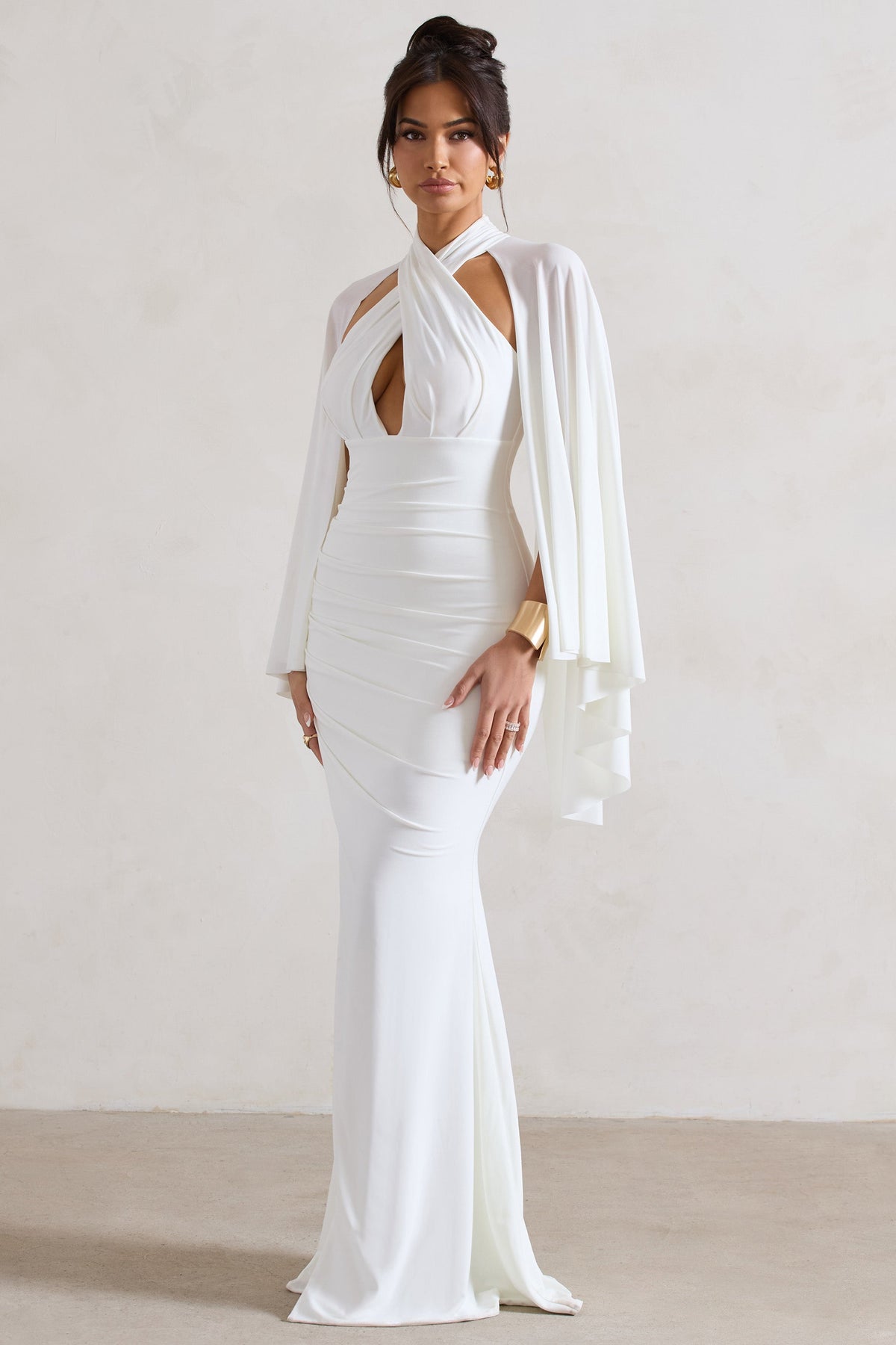 Audrina White Ruched Halter-Neck Split Maxi Dress With Cape – Club L ...