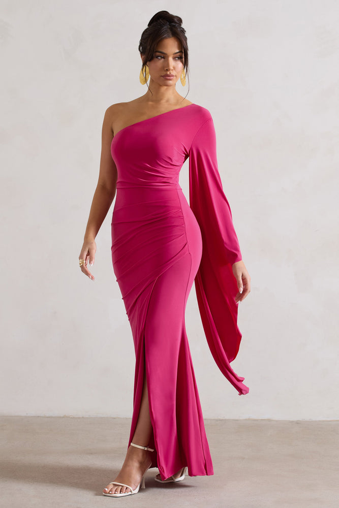 Giada | Dark Pink Ruched Asymmetric Maxi Dress With Cape Sleeve
