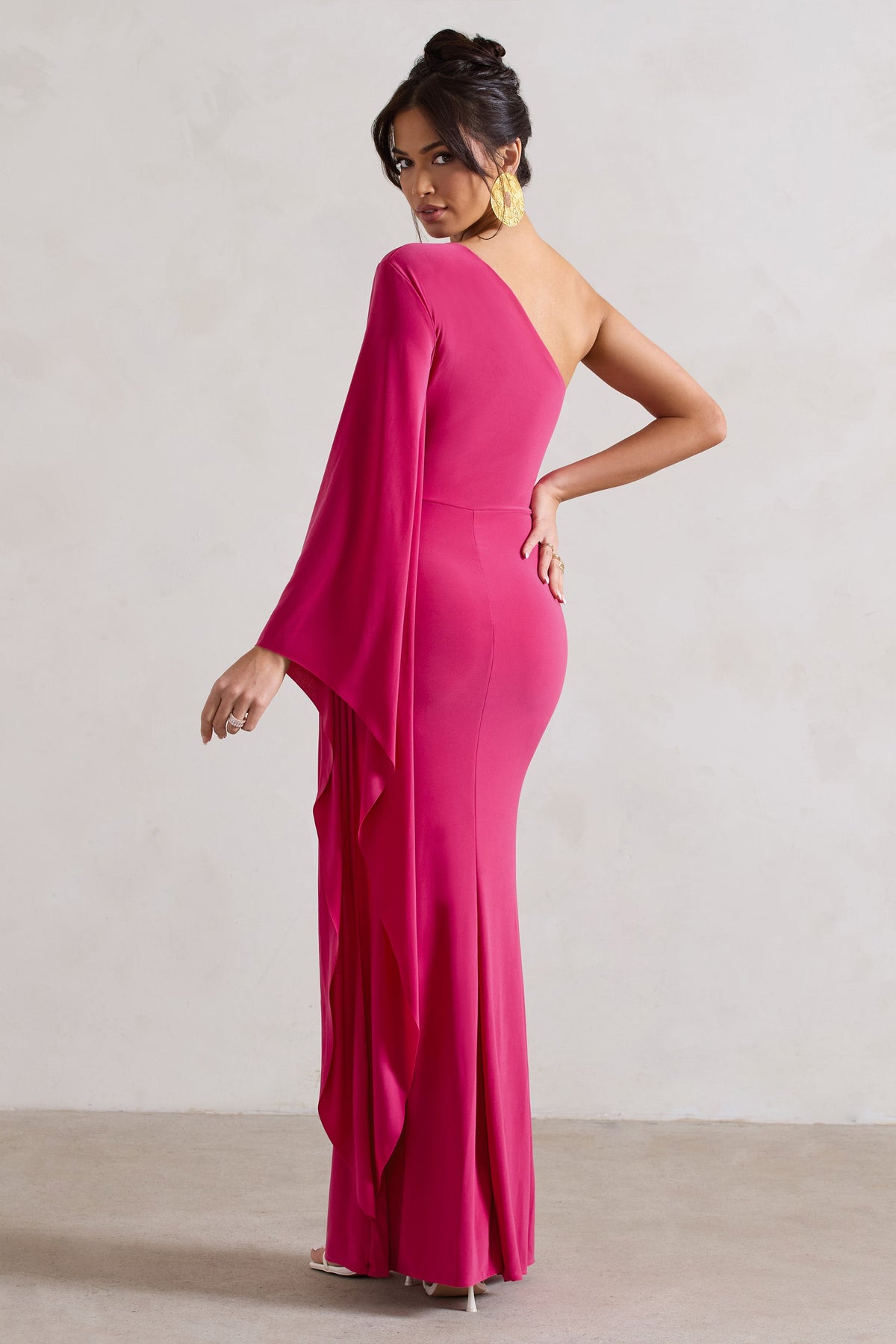 Giada Dark Pink Ruched One Shoulder Cape Sleeve Maxi Dress – Club 