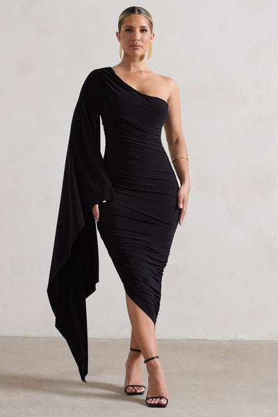 Asymmetric Neck Drape Midi Dress With Front Slit - Black – Belissh