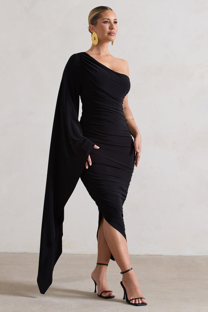Halsey | Black Ruched One Shoulder Cape Sleeve Asymmetric Midi Dress