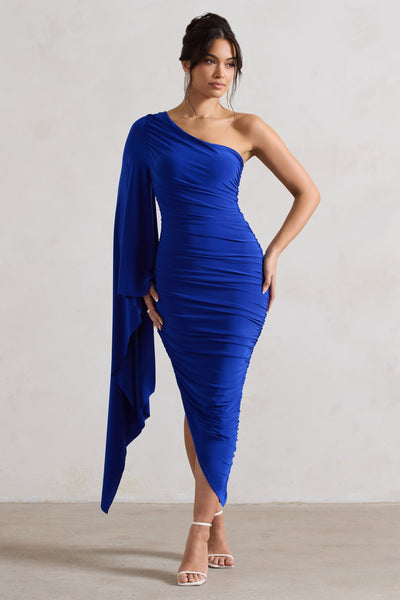 Halsey Royal Blue Ruched Asymmetric Midi Dress With Cape Sleeve