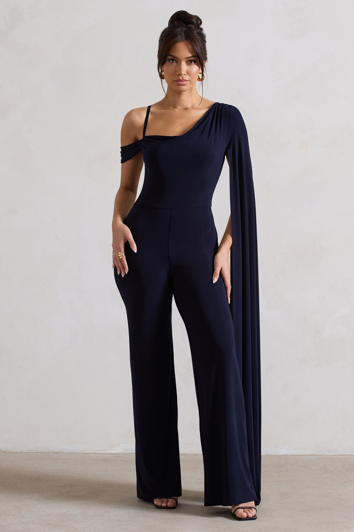 Jelena Navy Asymmetric Draped Straight-Leg Jumpsuit With Cape Sleeve ...