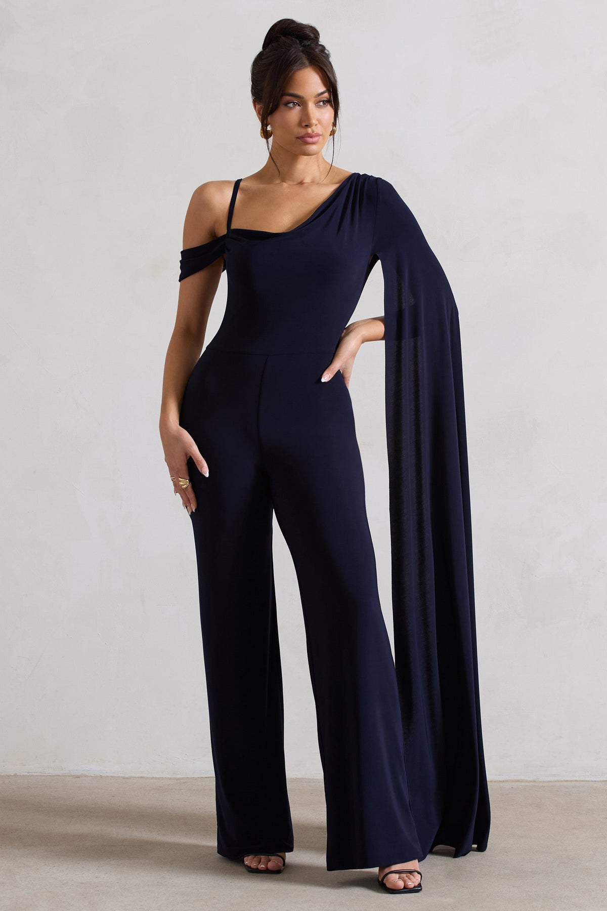 Jelena | Navy Asymmetric Draped Straight-Leg Jumpsuit With Cape Sleeve